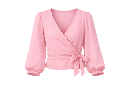 Pink wrap blouse featuring v-neck, puff sleeves and bow tie, elegant fashion apparel on transparent background