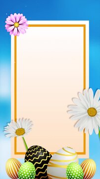 Vertical Happy Easter Background. Daisy Flowers and Golden Eggs Rectangular Frame for Spring Sales and Stories