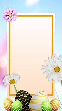 Vertical Happy Easter Background. Daisy Flowers and Golden Eggs Rectangular Frame for Spring Sales and Stories
