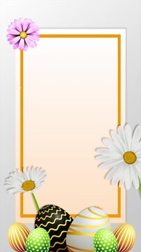Vertical Happy Easter Background. Daisy Flowers and Golden Eggs Rectangular Frame for Spring Sales and Stories