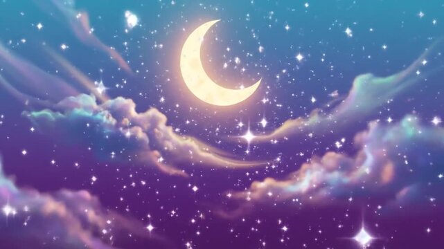 Crescent moon and twinkling stars in a pastel dreamy night sky with soft clouds for a magical dream concept and fantasy backdrop