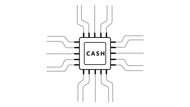 Black outline of a central processing unit chip with dotted lines extending outwards on a white background