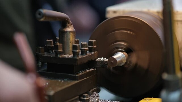 A close-up of a metalworking machine with a spinning metal disc