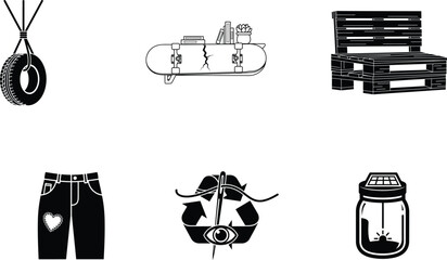 Collection of black and white icons including tire pants skateboard pallets jar and bag © Saidurra12