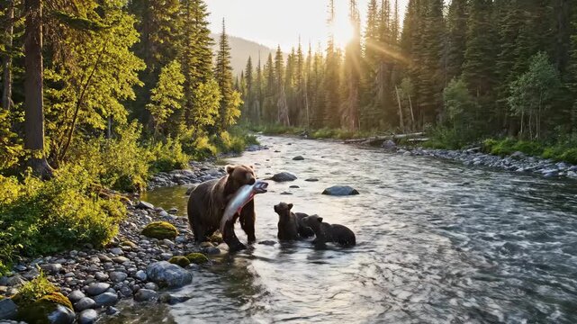 Brown bear mother and cub fishing for salmon in a river at sunrise.