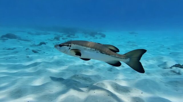 Single cubera snapper swimming gracefully over sandy ocean bottom underwater scene,marine wildlife beauty and serenity in turquoise water
