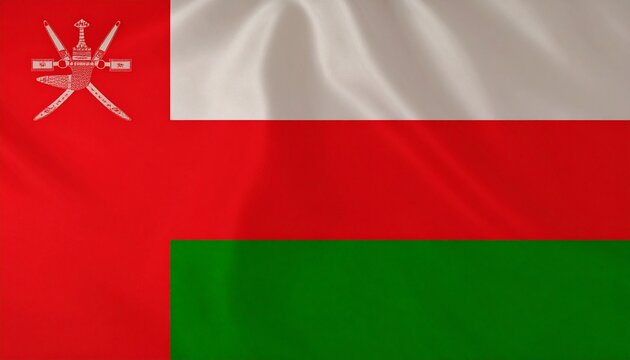 "Oman flag with white, red, green stripes and national emblem"