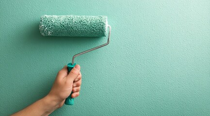 Obraz premium A close-up of a hand painting a wall green with a paint roller. A banner advertising renovations.