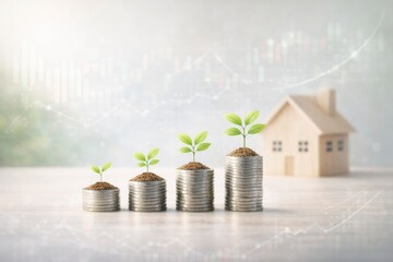 Stacks of silver coins with growing plants and a small house in the background representing financial growth and investment JPG image