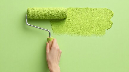 Obraz premium A close-up of a hand painting a wall green with a paint roller. A banner advertising renovations.