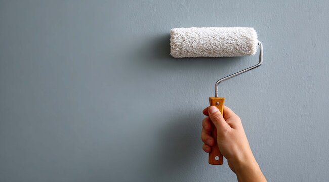 A close-up of a wall being painted with a roller. A hand holding a brush and using a roller to paint a room's surface a light color&mdash;a home renovation concept.