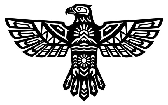 Native American Thunderbird Symbol Silhouette, Tribal Eagle Totem Design, Black And White Geometric Vector Illustration For Cultural Art Projects