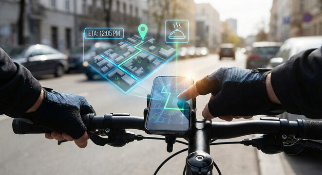Hands on a bicycle handlebar using a smartphone with GPS navigation displaying a map and route
