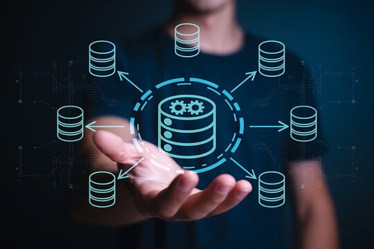 Data integration and ETL process. Data pipeline and data warehouse. Engineer holding database icons.