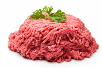 Raw ground meat pile with fresh parsley topping, isolated on a white background