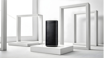 Black smart speaker on white pedestal with modern frames, home audio product mockup, technology branding, ecommerce display, minimalist advertising background, copy space, studio still life