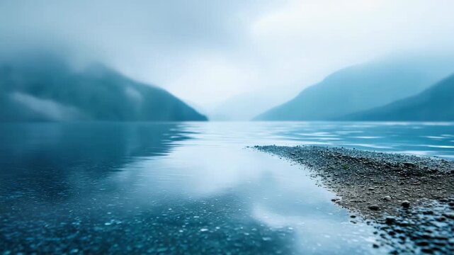Tranquil misty lake with rocky shoreline and reflections under cloudy sky