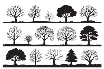 Obraz premium Set of 18 trees without leaves on grounds, bare trees silhouette collection, winter season deciduous trees isolated vector elements on transparent background