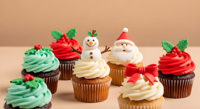 juego de muffins navide&ntilde;os de cupcakes con glaseado de &aacute;ngel y mu&eacute;rdago de acebo