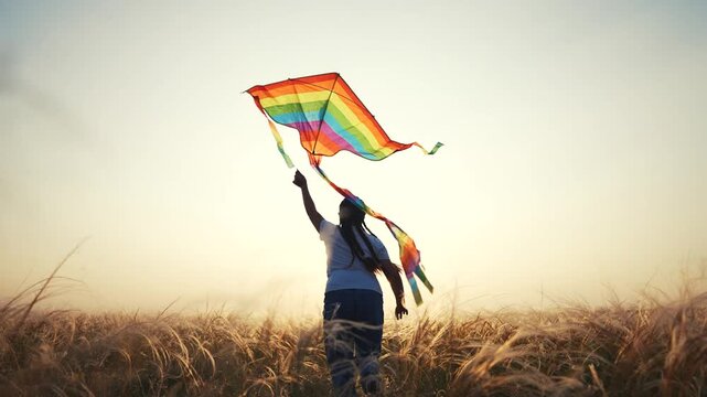Woman flying kite in field. Girl flying kite in a field at sunset. Young young woman playing in the grass outdoors. A woman is flying a kite in a meadow lifestyle.