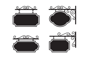 Set of forged antique street signs, hanging signs for cafe or shop, vintage outdoor advertising with space for text, black metal signboard template