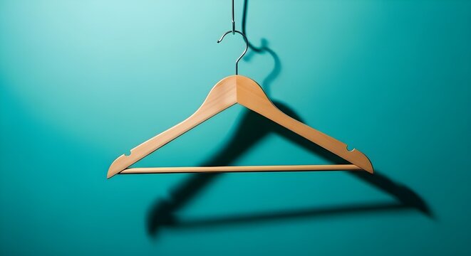 Percha de ropa, percha de madera sobre fondo rojo en un estilo minimalista.Concepto de venta y compras.
 Lugar para texto.