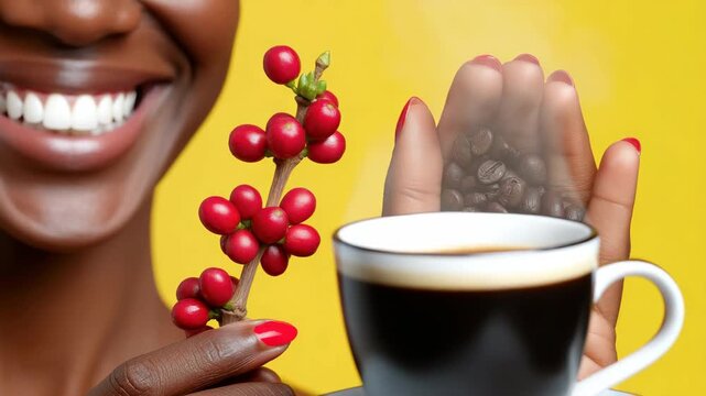 Smiling woman with coffee beans and aromatic steam highlights joy and energy