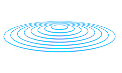 Obraz premium Bright blue neon concentric circles with ripple waveform, sound wave and radar signal effect abstract geometric energy field overlay design on transparent background
