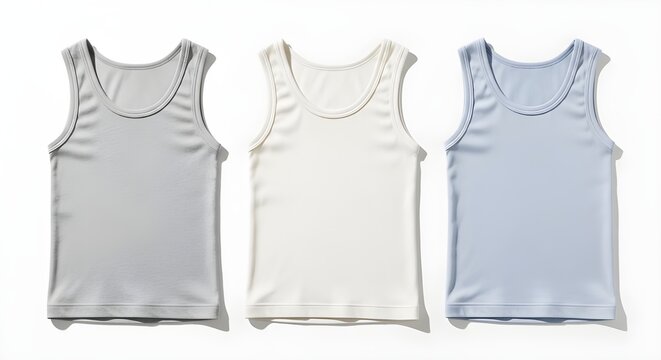 Tres camisetas sin mangas blancas sobre blanco