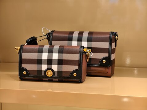 Paris,France-Oct.5th 2025: Close-up of Burberry shoulder bags featuring the classic check pattern on a display shelf