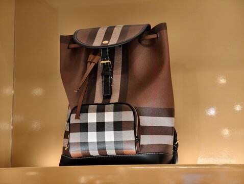 Paris,France-Oct.5th 2025: Burberry classic check canvas drawstring backpack 