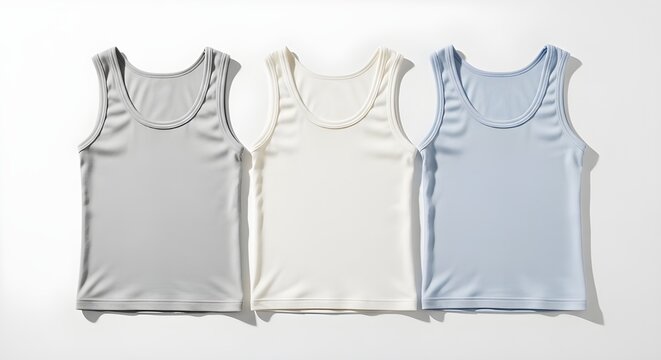 Tres camisetas sin mangas blancas sobre blanco