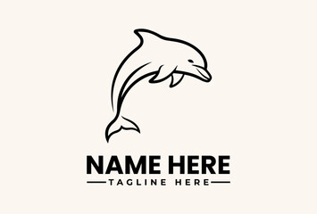 A minimalist vector illustration of a dolphin logo with a placeholder name and tagline on a clean white background. © vectorvovdesign