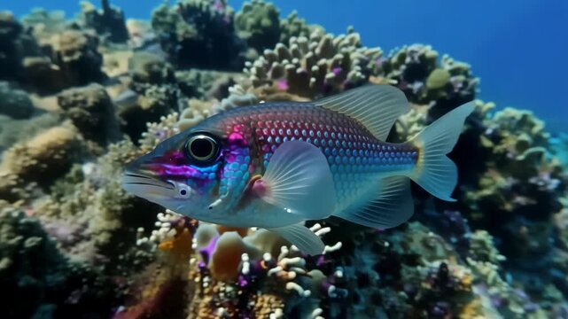 Vibrant clown coris wrasse swimming near coral reefs underwater life in tropical ocean environment,marine fish,colorful scales,natural habitat