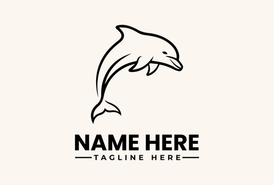 A minimalist vector illustration of a dolphin logo with a placeholder name and tagline on a clean white background.