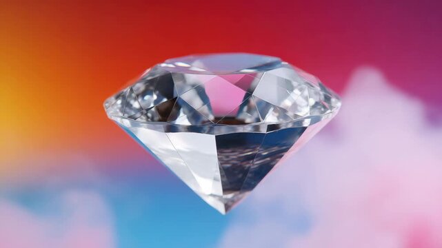 Brilliant diamond rotating against colorful background with vibrant light reflections