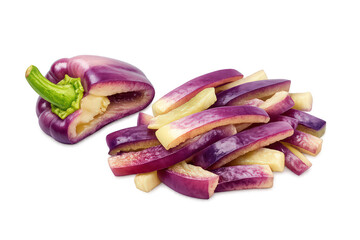 Fresh purple bell pepper, halved and sliced into strips, displaying raw vibrant vegetable ingredients for healthy cooking