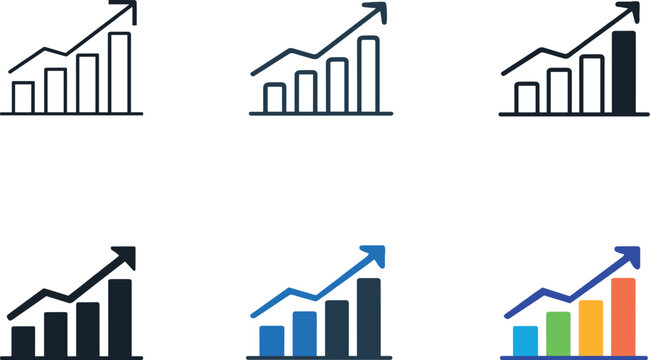 Stock and financial trends symbol showing an upward trending line graph with bars and arrow indicators, representing market