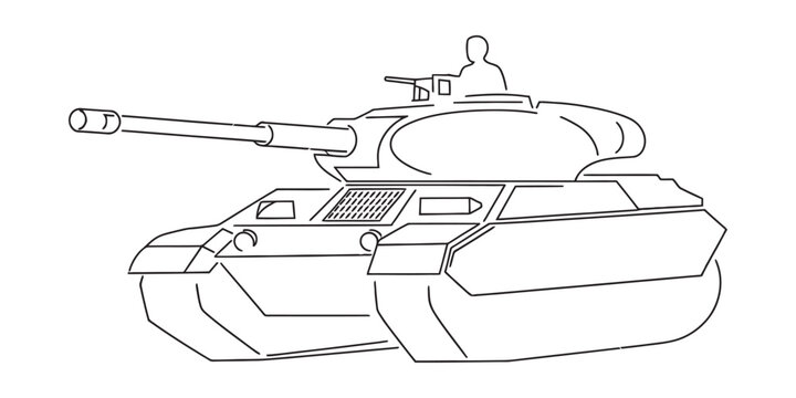 Simple black and white line drawing of a military tank with a long cannon and a gunner Vector, illustration