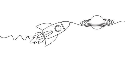 Continuous line drawing of a space rocket flying towards a ringed planet in the galaxy. Vector, illustration © DCB Line Stocker