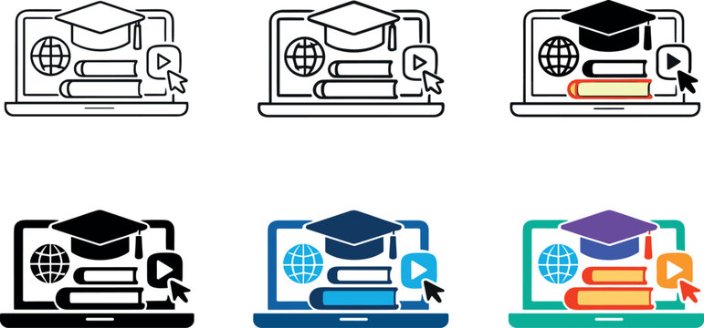 E-learning platform icon showing a tablet or laptop with graduation cap, books, and learning symbols, representing digital