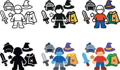 Creative Toy Icon Grid. Imaginative play icon focused on complementary pieces associated with a child&rsquo;s figure toy, communicating