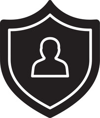 Shield icon with protected user profile silhouette for security, safety, and protection concept in modern black and white design