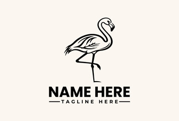 Fototapeta premium A minimalist illustration of a flamingo logo standing on one leg with a placeholder name and tagline on a clean white background.