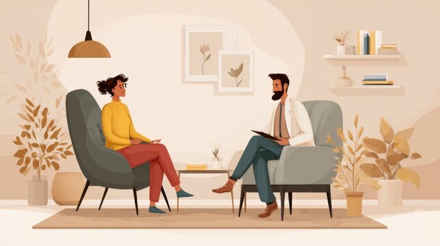 Calm and Neutral Consultation Session in a Cozy Health Setting with Two People Engaged in Conversation