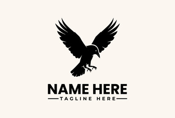 Obraz premium A black silhouette of an eagle in flight with outstretched wings, positioned above placeholder text for a logo or brand name on a beige background, with a simple and modern design style.