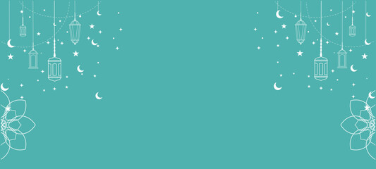 white Islamic ornament background with hanging lanterns, stars, and crescent moons. Elegant white frame with mandala floral details for Ramadan Kareem, Eid Al-Fitr, or religious greeting cards © afifurochim