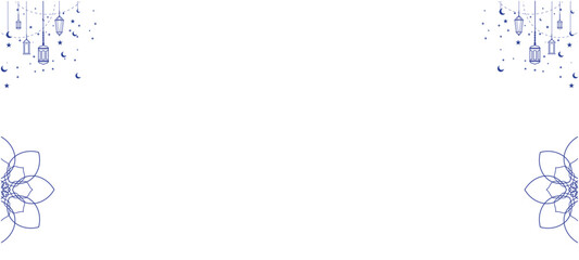 Blue Islamic ornament background with hanging lanterns, stars, and crescent moons. Elegant white frame with mandala floral details for Ramadan Kareem, Eid Al-Fitr, or religious greeting cards © afifurochim