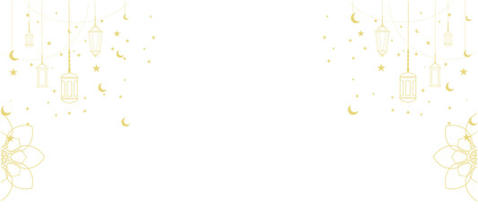 gold Islamic ornament background with hanging lanterns, stars, and crescent moons. Elegant white frame with mandala floral details for Ramadan Kareem, Eid Al-Fitr, or religious greeting cards © afifurochim