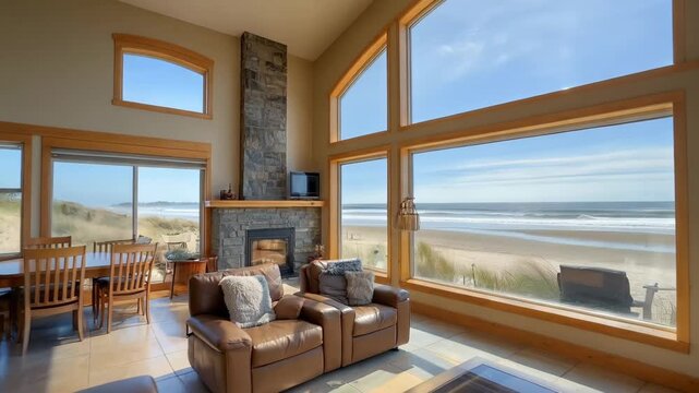 Coastal House Interior: An inviting interior of a coastal house, featuring expansive windows framing stunning ocean views, a cozy fireplace, and comfortable furnishings. 